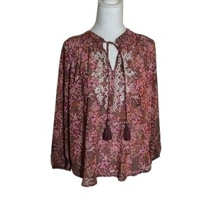 Chic Floral Tie-Neck Blouse - Pink and Brown